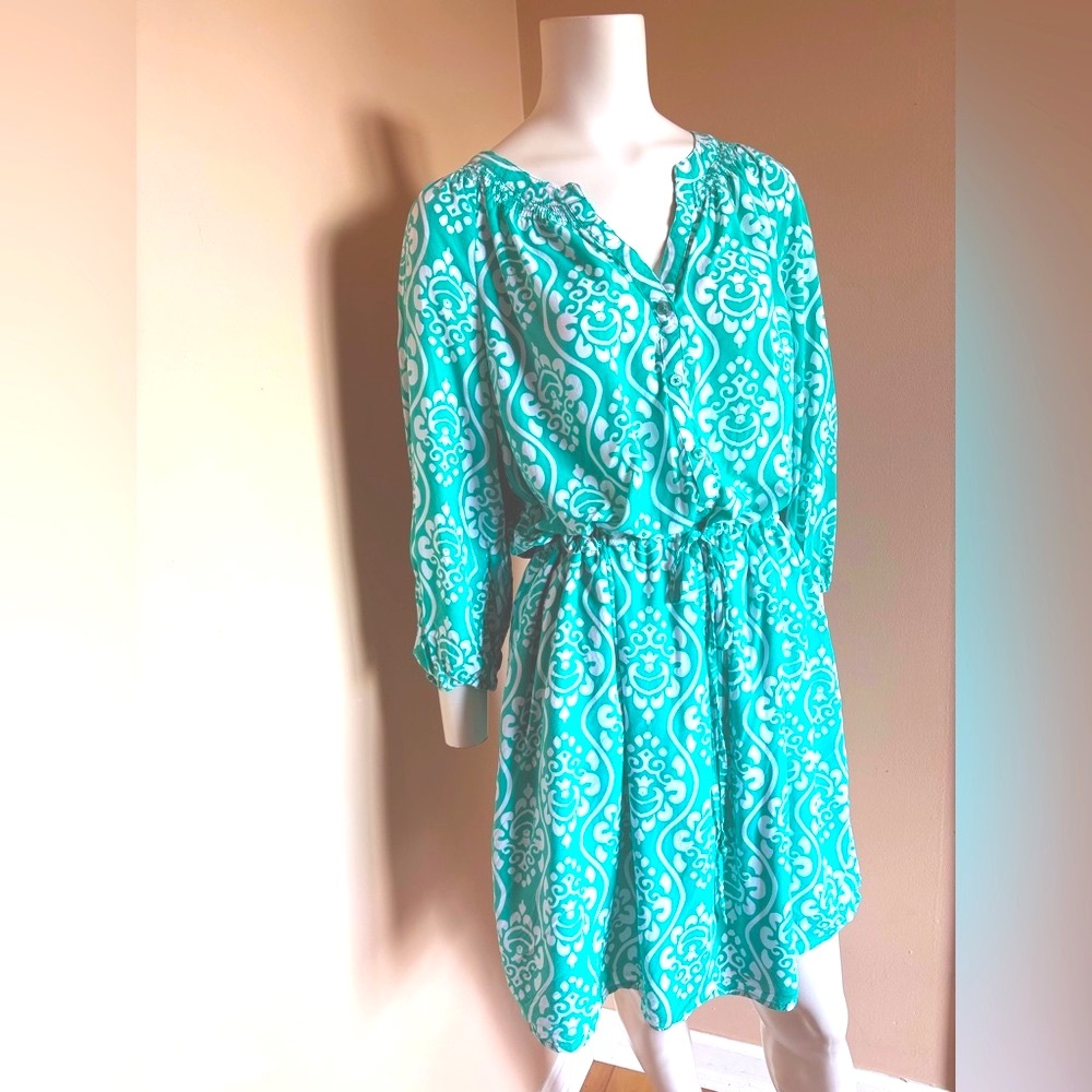 Crown & Ivy 3/4 Sleeve Button Down Drawstring Dress Teal Blue Green White Sz 16 - Picture 2 of 9